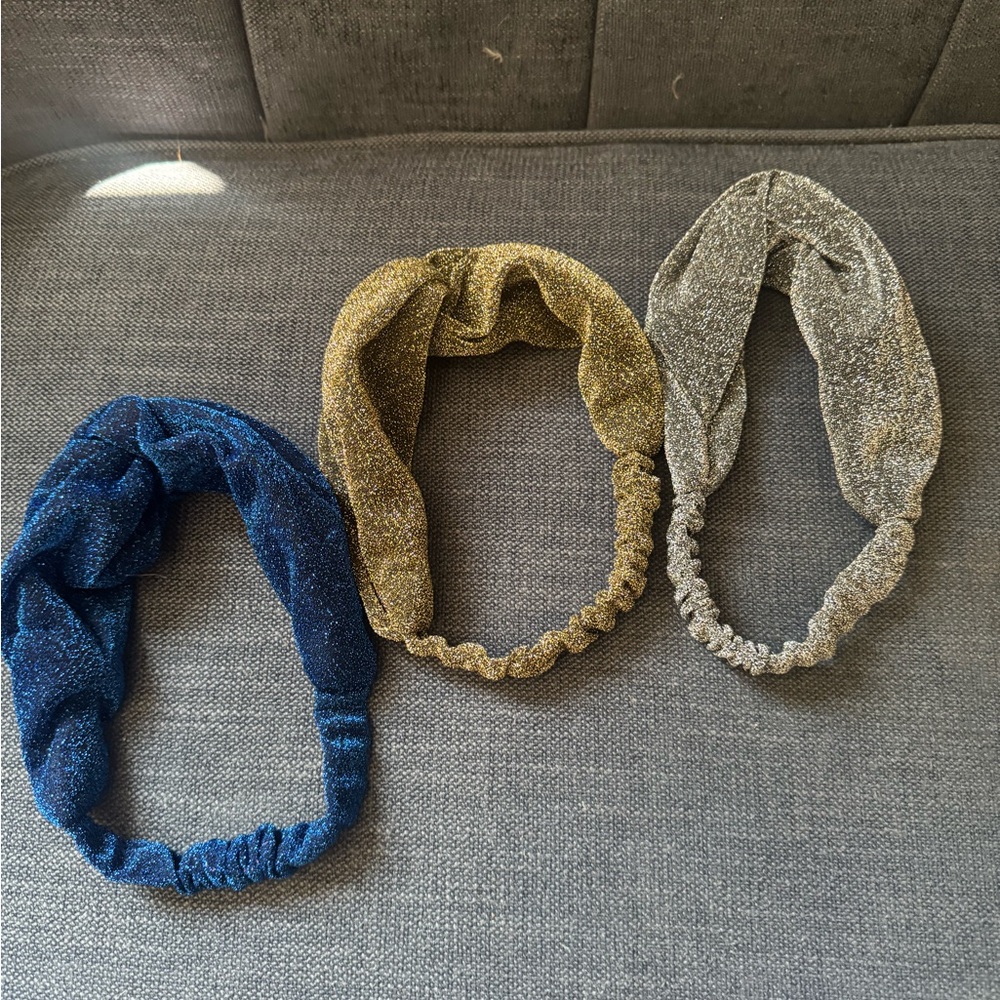 Set of Three Sparkly Headbands in Blue, Gold, and Silver